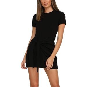 Black Short Sleeve T-Shirt Dress | Tie Waist Crew Neck, XXL